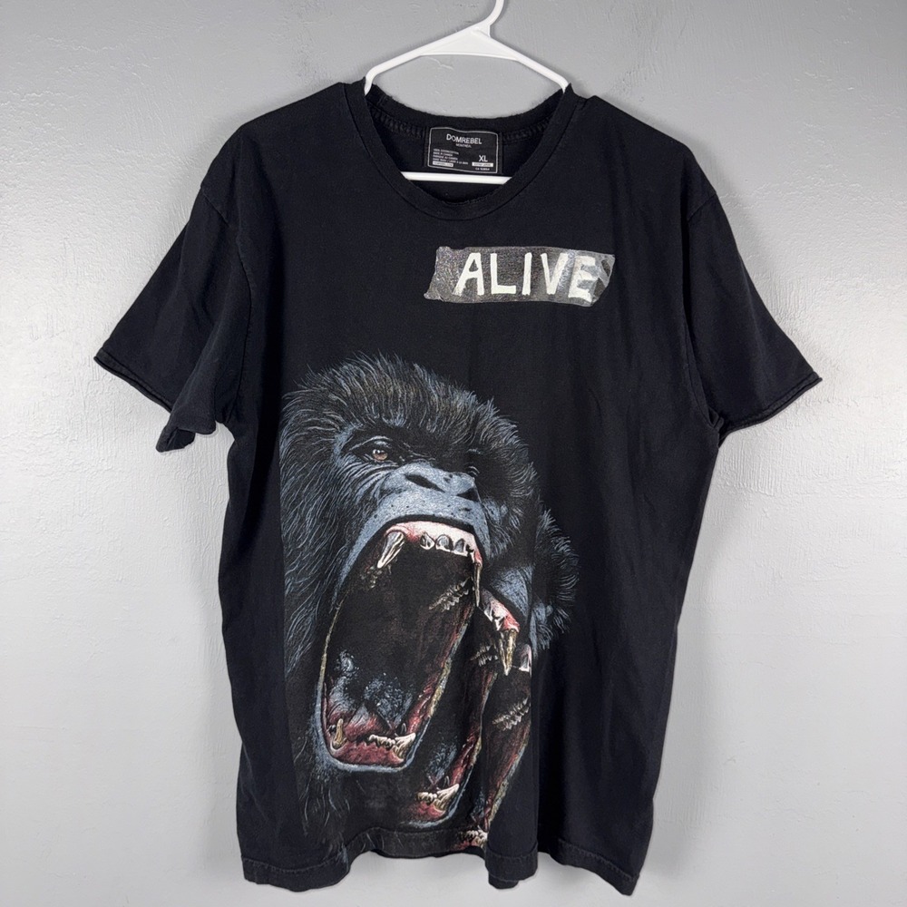 Domrebel t-shirt striking roaring gorilla graphic XL Black Raw Edges Grunge READ